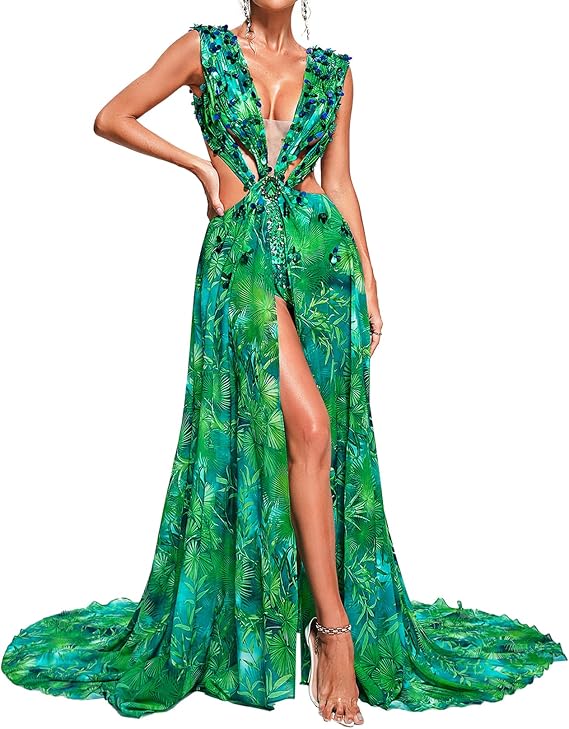 Red Maxi Beach Squin Printed Floral Dress for Women Summer Chiffon Cut Out Backless Deep V Neck Vacation Dress