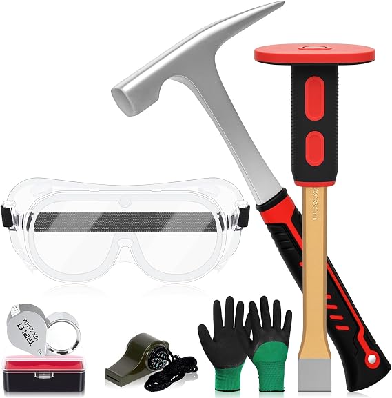 6Pcs Geology Rock Hammer and Chisel Kit, 32 oz. Rock Hammer & 12" Mason Chisel, Safety Glasses, Whistle, Jewelers Loupe 10X and Gloves, Rock Hounding Tools for Rock Hounding, Stone Breaking