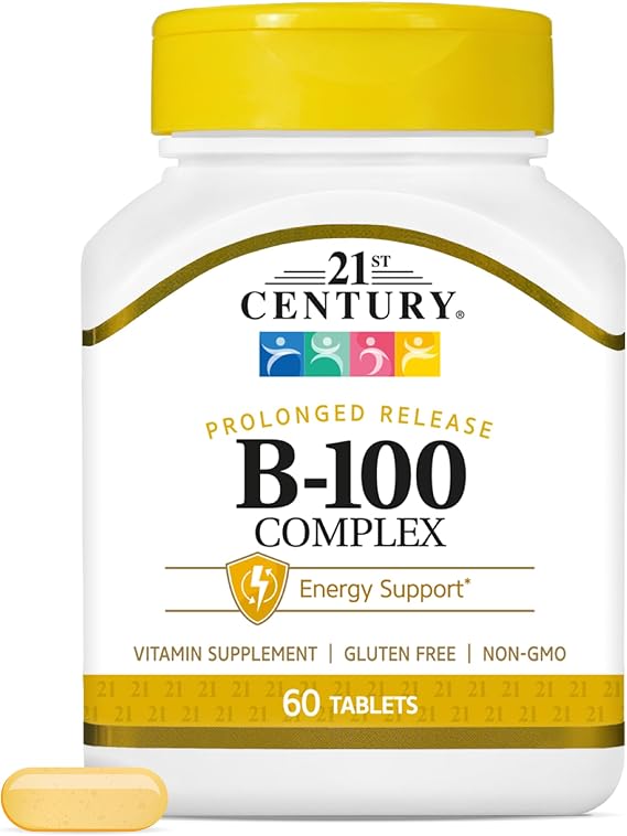 21st Century B-100 Complex Prolonged Release Tablets, 60 Count (Pack of 1), High Potency Vitamin B Complex for Nervous System, Energy Support, Includes Vitamin B1, B2, B6, Biotin & Calcium