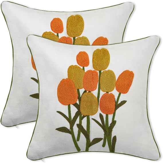 Embroidered Spring Pillow Covers 18x18 inch Set of 2,Yellow Tulip Farmhouse Floral Pillow Covers Aesthetic Floral Modern Spring Square Pillow Cushion Cases Home Decor