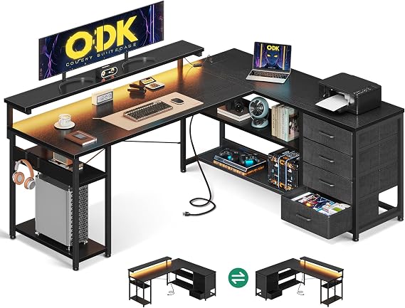 ODK L Shaped Corner Desk with Drawers, Power Outlet & LED Lights, 155×110cm
