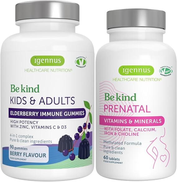 Igennus Methylated Prenatal Multivitamin for Women + Advanced Elderberry Immune Gummies 4-in-1 for Adults & Kids Aged 4+, Pregnancy & Immune Support Bundle, with Vitamin C, Zinc & D3, Clean Label