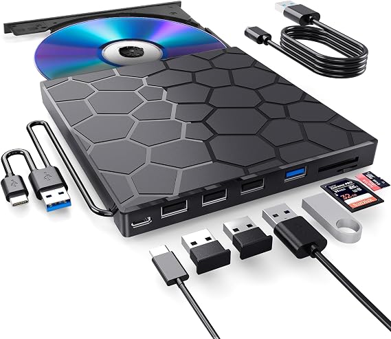 BPAKDU External CD/DVD Drive for Laptop, DVD Player for Laptop, 8 in 1 USB 3.0 Ultra-Slim Portable, CD Burner External Disk Drive Optical Compatible with Desktop Mac,Windows 11/10/8/7 Linux