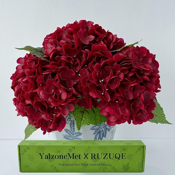 YalzoneMet Burgundy Artificial Hydrangea Flower 3 Pcs 21'' Lifelike Real Touch Latex Hydrangea Red Flower for Fall Halloween Home Party Thanksgiving Christmas Decor Outdoor Vintage Table Centerpiece