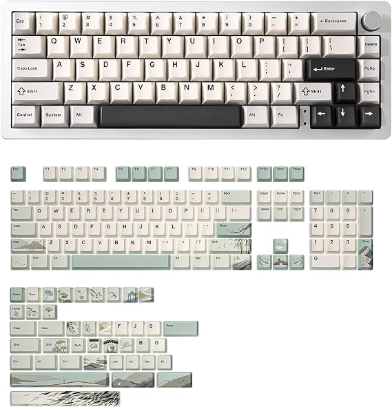 YUNZII AL66 Wireless Mechanical Keyboard for Win/Mac(Milk Switch, Silver), Spring Tea Dye Sub PBT Keycaps(Cherry Profile, Spring Tea)