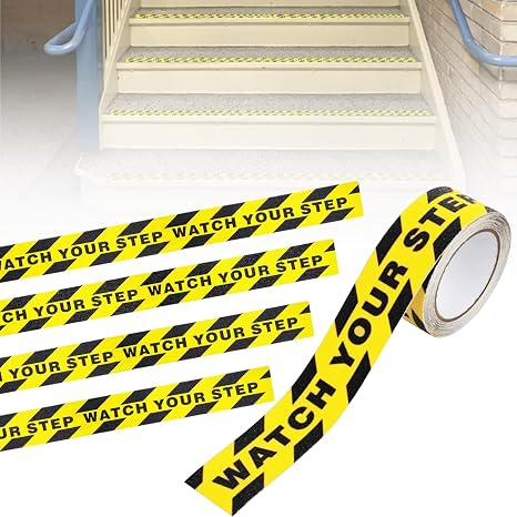 Watch Your Step Tape 2 Inch x16.4FT, Anti Slip Safety Grip Tape with Yellow Black Hazard Warning Stripe, Waterproof Non Skid Adhesive Floor Decal for Stairs Steps Ladder Workplace Indoor Outdoor