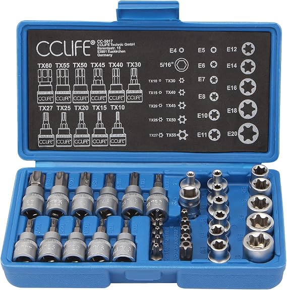 CCLIFE Inner and Outer Torx Socket Spanner and S2 Bit Set Hexagonal 34-Piece E4-E20 Socket T10-T60 Torx Set Sockets Bit Inserts Sockets