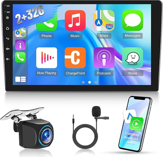 [2G+32G] 10.1 inch Android Double Din Car Stereo with Wireless CarPlay and Android Auto, 10 inch Touch Screen Radio with Mirror Link/1080P/EQ/WiFi/SWC/Bluetooth +AHD Backup Camera