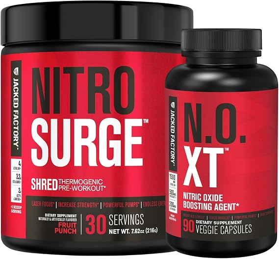 Jacked Factory Nitrosurge Shred Thermogenic Pre-Workout in Fruit Punch & N.O. XT Nitric Oxide Booster for Men & Women