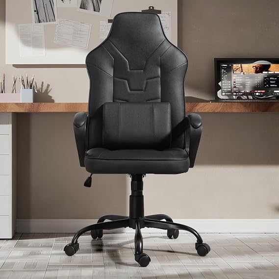 Leather Office Chair with Wheels High Back Computer Desk Chair Reception Chairs with Padded Arms Waist Pillow for Gaming Meeting Conference Waiting Room, Black