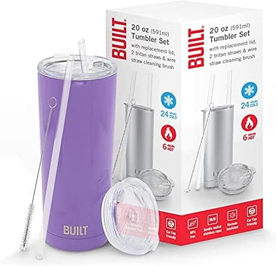 BUILT Double Walled Stainless Steel Tumbler Set with Replacement Lid, 2 Reusable Tritan Wire Straw Cleaning Brush in Gift Box, 20-ounces, Amethyst