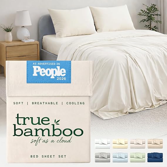 TRUE BAMBOO Sheets Set King Size - Silky Soft & Naturally Cooling for Hot Sleepers - Luxe 4 Piece Bed Sheets with Breathable & Moisture-Wicking Fabric - 16" Deep Pocket with Corner Straps, Light Beige