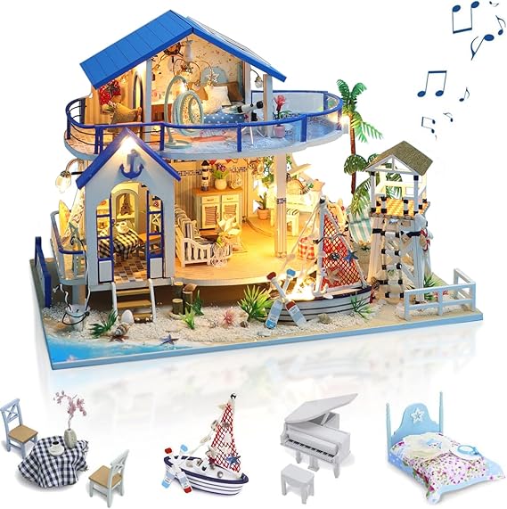 Sexy outfit Miniature Dolls House Kit with Music, DIY Miniature House Model Kits to Build, Handmade Crafts for Adults, Make Your Own Birthday, Father's Day, Blue Sea Villa