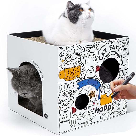 Cardboard Cat House with 2 Story Scratch Pads - Cat Play House for Indoor Cats - Corrugated Scratcher Box - Hideout for Small cat