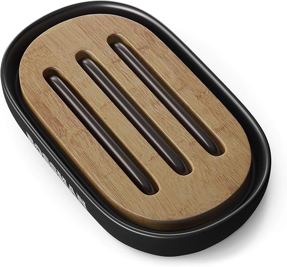 Bossman Soap Dish - Bathroom and Shower Soap Bar Holder - Premium Ceramic Base - Removable Natural Bamboo Soap Tray (Black)