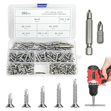 282PCS Self Tapping Screws Kit, M4.2 Stainless Steel Self Drilling Screws Assortment (32mm,25mm,19mm,16mm,13mm) with Bits for Wood, Metal, Roofing, Windows, DIY & Furniture Assembly