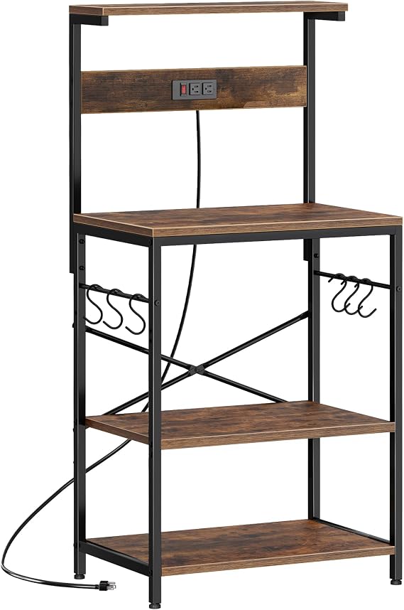 SUPERJARE Kitchen Bakers Rack with Power Outlet, Coffee Bar Table 4 Tiers, Kitchen Microwave Stand with 6 S-shaped Hooks, Kitchen Storage Shelf Rack for Spices, Pots and Pans - Rustic Brown