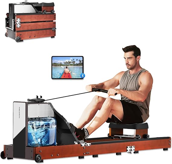 Rowing Machine for Home Gym, Water Resistance Rower Machine,Triple Folding Rowing Machine with LED Monitor, App Compatible Walnut