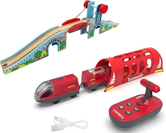 Train Bridge and Remote Control Train for Wooden Tracks, Train Accessories Compatible with Thomas & Friends, Brio, Chuggington