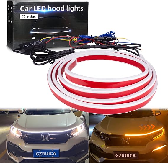 Car Hood Light Strip 70 Inches White Exterior Car LED Strip Lights for Hood Flexible Waterproof Dynamic Scan Sequential Turn Signal Amber DC12V Daytime Running Lights for Cars, SUVs, Trucks