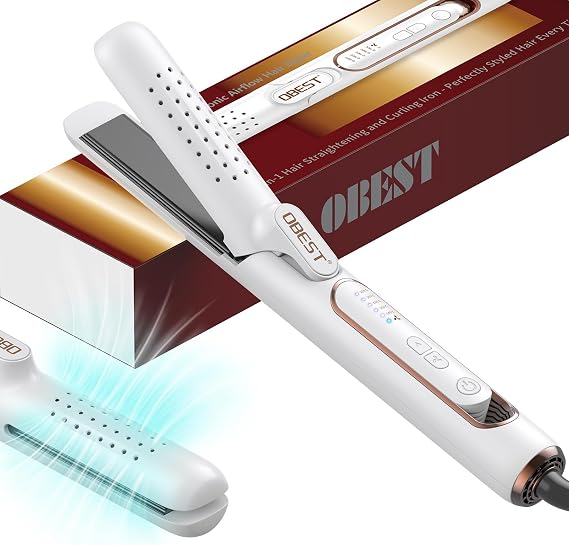 OBEST 360 Airflow Styler,Hair Straighteners Curler 2 in 1, Ceramic Hair Straightener with Cooling Air Vents,Lock in Style, Quick Heating,5 Temps &Dual Voltage, Travel&Gift (White)
