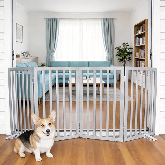 Dog Gate Indoor, Freestanding Dog Fence for The House, Doorways, Hallways,or Stairs,Pet Gate Foldable Wooden,Expandable 32" Height 4 Panels,Grey