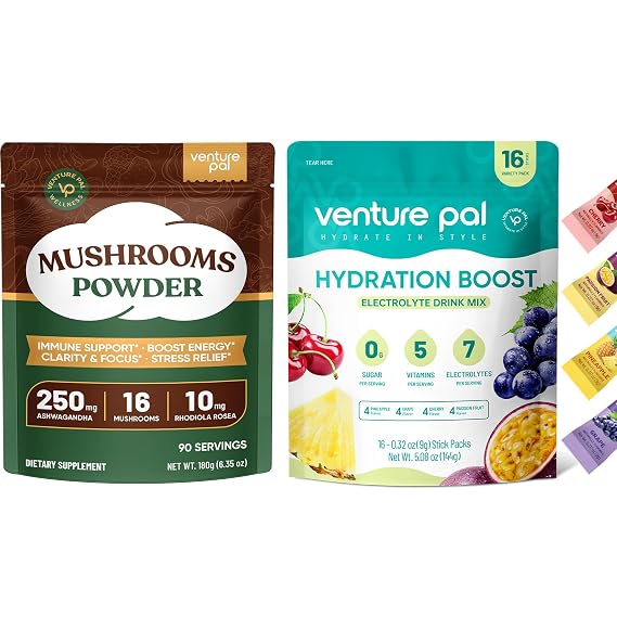 Venture Pal Mushroom Powder & Electrolyte Powder Bundle - 16-Mushroom Adaptogenic Powder Blend with Ashwagandha & Lion's Mane (90 Servings) + Sugar-Free Electrolyte Powder Variety Pack (16 Sticks)