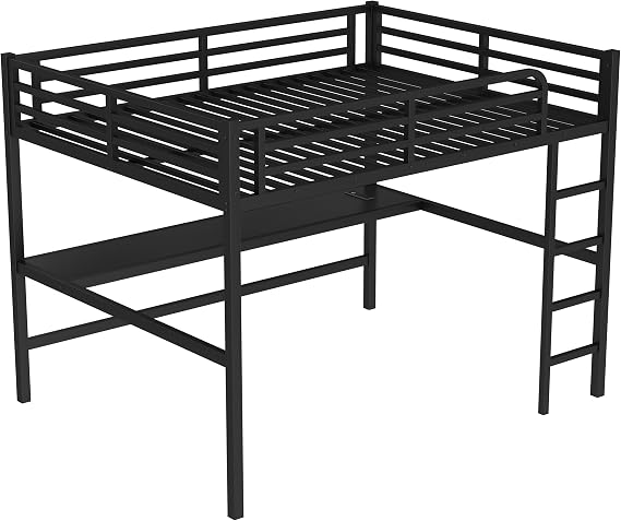 Queen Size Loft Bed, Power-Coated Metal Platform Bed Frame with Under Desk and Outlet, LED Lighted Bunk Bed Frame for Sturdy Room, Dorm, Black