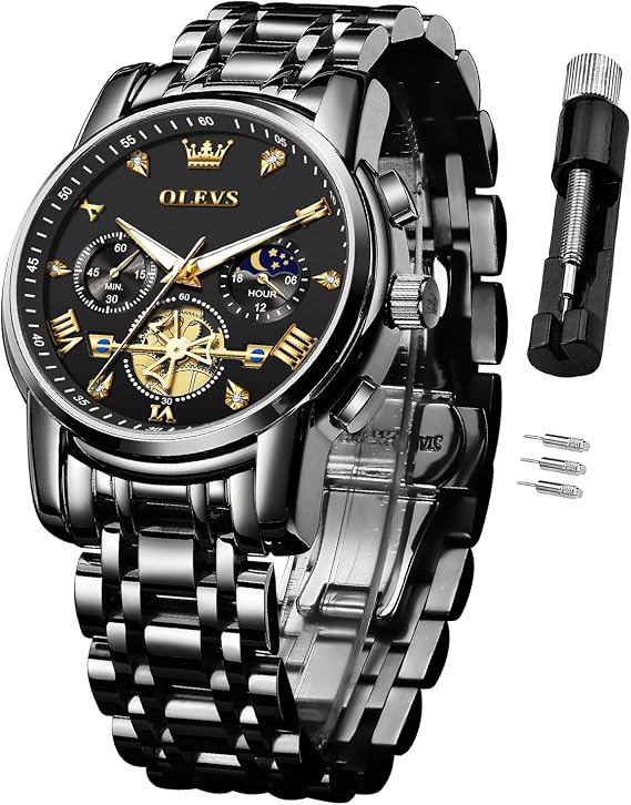 OLEVS Black Watch for Men Stainless Steel Chronograph Big Face Easy to Read Analog Quartz Watches Luxury Waterproof Date Diamond Dial Dress Wrist Watch Reloj De Hombre, HG-US-2856-QH