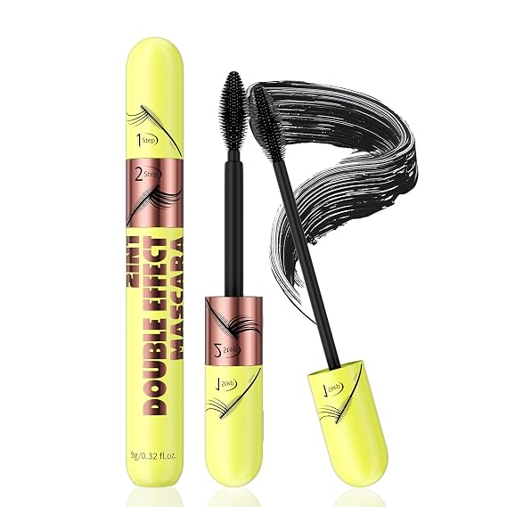 QIC 2 in 1 Mascara Black, Dual-Effect Length & Volume, Waterproof 12H Wear, Smudge-Proof 2 Step Mascara for Natural to Full Lashes, 4D Silk Fiber Lash 2 Step, No Clumping, Easy Removal