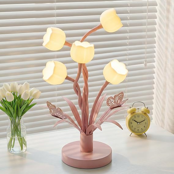 TOBUSA Pink Flower Table Lamp, 5-Light Adjustable Gooseneck Cute Desk Lamp