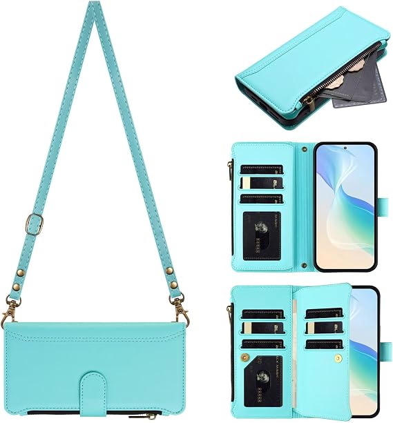 Zipper Crossbody Wallet Wristlet Phone Case for Honor Magic 7 Lite,Magnetic 9 Card Holders Pocket Purse Cover All-Round Shockproof Protective PU Leather Bumper Light Green