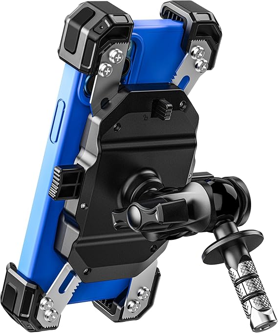 VAZESWIN Motorcycle Fork Stem Phone Mount, 1s Lock & Release, Safety Lock | Motorcycle Phone Holder with Aluminum Alloy Anti-Theft Arm, for 12-25.4mm Diameter Fork Stem Tubes, for 5.5"-7.2" Cellphones