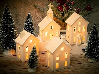 ZTL 9PCS Christmas Village Sets - 4 LED Lighted Ceramic White Christmas Village Houses with Remote & 5 Trees, Porcelain Miniature Christmas Figurines Decorations for Home Tabletop Mantel Shelf Decor