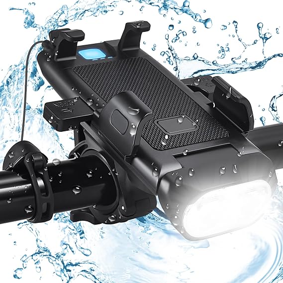USB Rechargeable Bike Phone Mount LED Bike Headlight with Power Bank 3 Modes Easy to Install Rainproof Cycling Front Lamp Fits All Bicycles Power Bank and Phone Holder