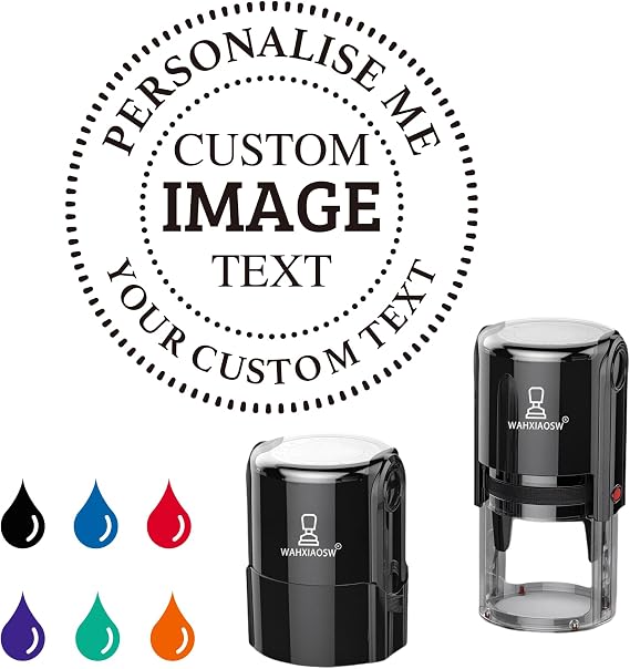 Personalised Stamp with Base, Custom Logo Self-Inking Rubber Stamp, 6 Ink Colours for Teacher, Office, School, Small Business Packaging (40mm / 45mm)