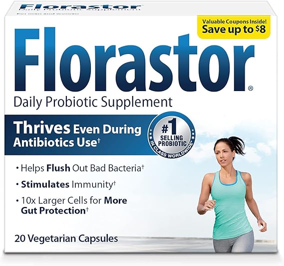 Florastor Probiotics for Digestive & Immune Health, 20 Capsules, Probiotics for Women & Men, Dual action helps flush out bad bacteria & boosts the good with our unique strain Saccharomyces boulardii