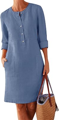 Women Solid Color Button Down Dress Long Sleeve Crew Neck Dresses Casual Loose Fashion Dress with Pockets