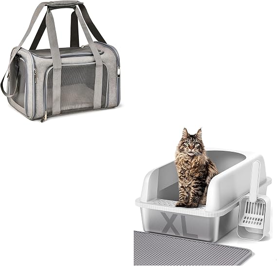 Henkelion Cat, Dog Carrier for Small Medium Cats Puppies up to 15 Lbs, Airline Approved Soft Sided - Grey, Stainless Steel Cat Litter Box with Lid, 24" L x 16" W x 11.8" H, Include Cat Mat and Scoop