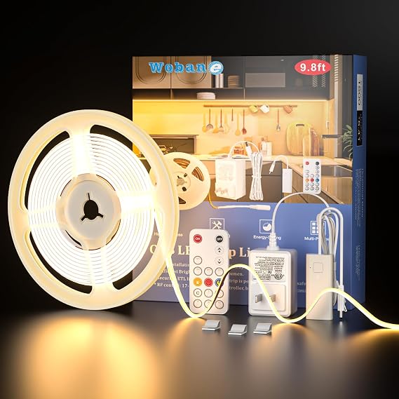 WOBANE 9.8ft COB LED Strip, Dimmable Under Cabinet Lighting with RF Remote