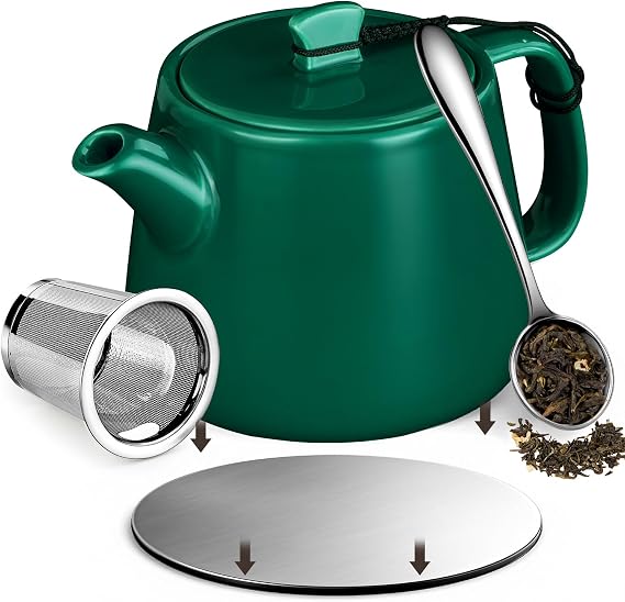 Brew To A Tea Stump Teapot with Strainer, Removable Infuser Tea Pot Handmade 600ml/20.29oz Heat-Resistant Ceramic Tea Pot with Stainless Steel Coaster, Forest Green