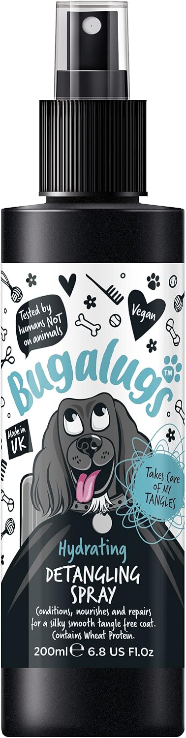 Bugalugs Dog Detangler Spray - leave In conditioner spray for de matting. No tangles. Professional dog grooming formula contains Wheat protein. Pet detangling spray knot removal 200ml
