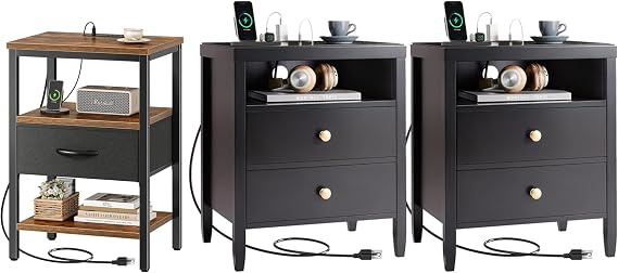 SUPERJARE Nightstand with Charging Station and Huuger Black Nightstand Set of 2, Night Stand with Charger Station Bundle