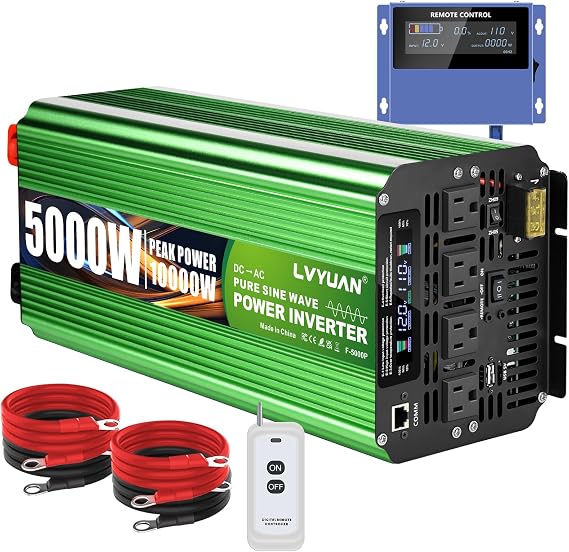 LVYUAN 5000 Watt Heavy Duty 10000(Peak) Pure Sine Wave Power Inverter 12V DC to 110V/120V AC Converter with 4 Sockets, LCD Display, Remote Control and USB Port for Home, RV, Truck, Solar, Emergency