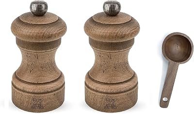 Peugeot Bistro Antique Gift Set Distressed Beechwood 4- inch Salt & Pepper Mill, With Wooden Spice Scoop Salt & Pepper Mill Set