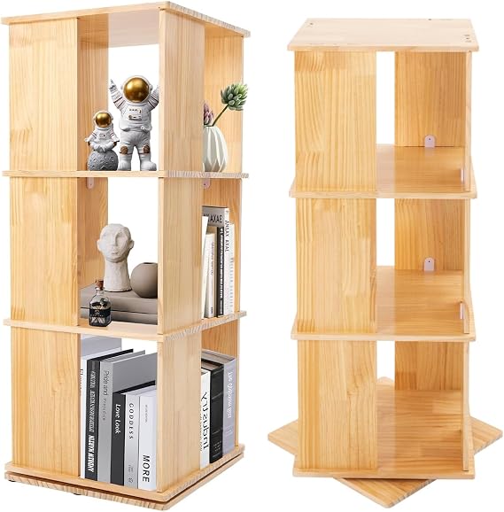 3-Tier Corner 360 Rotating Bookshelf with Stable Base | Stackable Swivel Square Spinning Bookshelf Tower. Wood Color Finish. Perfect for Office Living Room and Bedroom