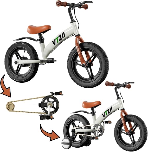 Kick Bike No Pedal Bicycle for Kids 2-in-1,2 3 4 5 6 7 Years Old Toddler Bicycle, with Included Brake, Pedals, Training Wheels, 12 14 16 Inch