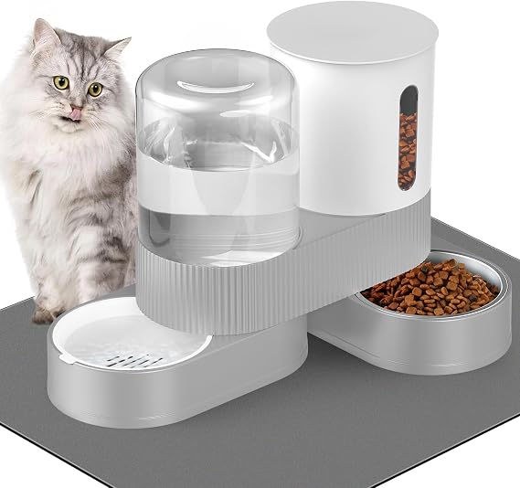 Automatic Cat Feeder and Water Dispenser, 2 in 1 Gravity Pet Food Feeder and Water Set with Stainless Steel Food Bowl for Cats, Small Dogs, Rabbits, 360 Degree Rotatable, Include Non-Slip Mat