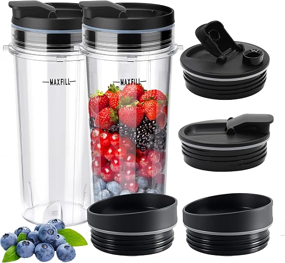 2Pcs Replacement 16oz Blender Cups with 4Pcs Sip & Seal Lids for Ninja, Single Serve Blender Cup for BL660 BL740 BL770 BL780 BL810 BL820 BL830 QB3000 Nutri Ninja Series Blenders | Food Grade Plastic Blender Cups, Great Sealing, for BL660 BL740 BL770 BL780 BL810 BL820 BL830 Nutri Ninja Series Blenders