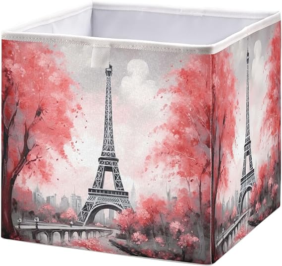 Red Paris Tower Cube Storage Boxes 28x28 cm Foldable Storage Basket with Handles Closet Organiser Bin Dog Toy Basket Holiday Decorative Basket for Home Office Nursery